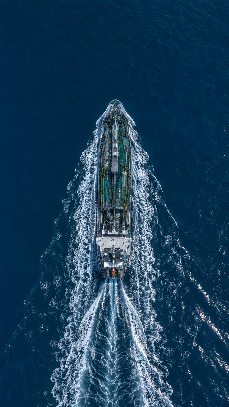 Aerial view of a tanker underway in open water